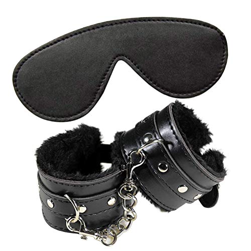 Leather Handcuffs Set, Adjustable Handcuff + Eye Mask Strong and Durable PU Leather Soft Fur Cuffs Multifunctional Bangle, Black - Thumbnail 7