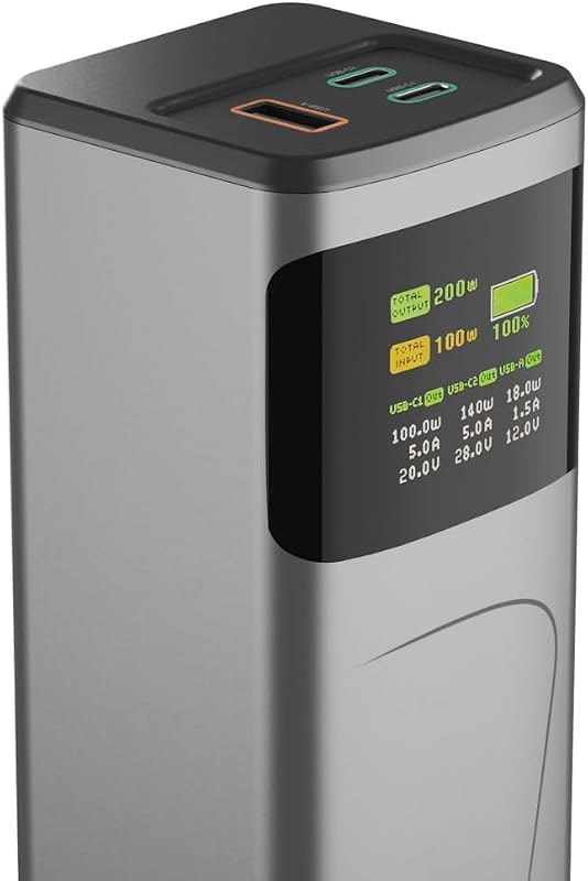 Power Pack "High Power" (batteria esterna con ricarica rapida da 200 Watt, Power Delivery e Quickcharge, 24000 mAh, 2 USB C, 1 indicatore di batteria, formato di viaggio compatto, certificato
