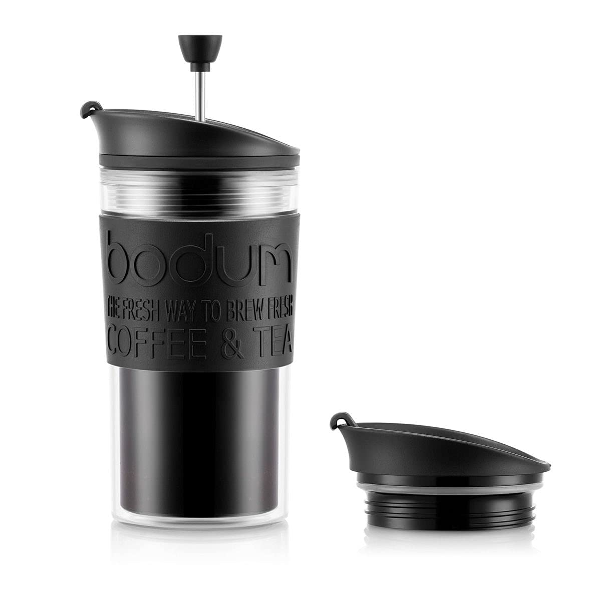 Bodum Insulated 11102-01s Piston Cup with Hinged Lid, 0.35 Litre, Black, Transparent, Plastic, 8.9 cm