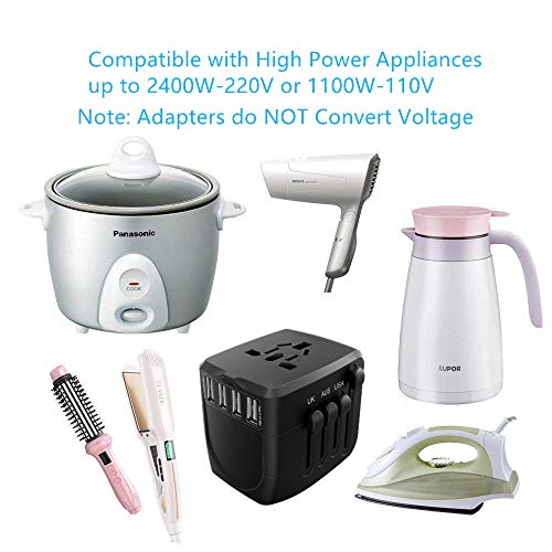 Travel Adapter, 2400W International Power Adapter, Universal Adapter with 4 USB Ports, Perfect for UK, EU, AU, US, Over 150 Countries (Black)