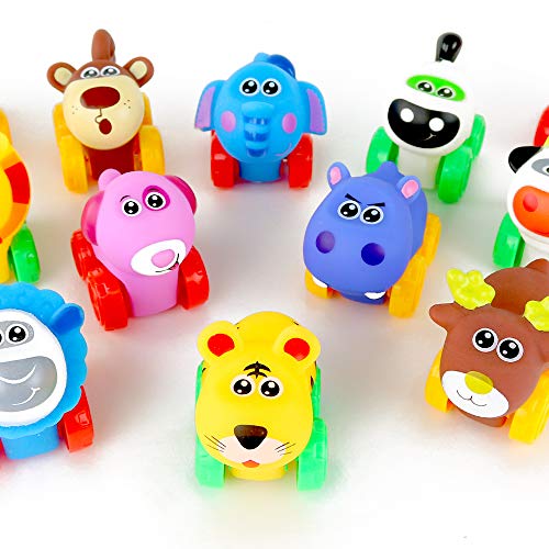 Big Mo's Toys Animal Cars - Soft Rubber Cartoon Animal Push Toy Vehicles for Babies and Toddlers - Pack of 12
