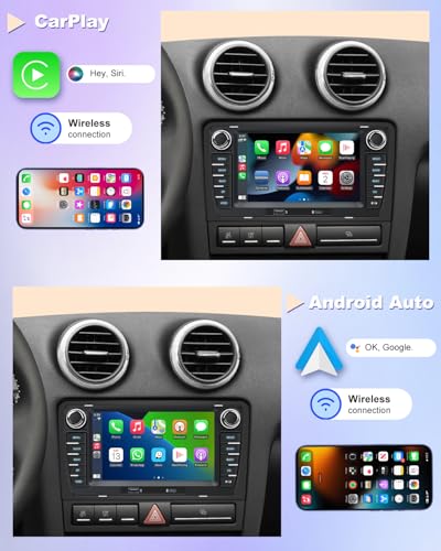 Car Radio for Audi A3 8P (2003-2012) S3 (2006-2012) RS3 (2011-2012) with CarPlay and Android Auto Wireless, Touchscreen 7 Inch with GPS, USB-C Bluetooth WiFi FM RDS DSP CANBus, HD Rear View Camera