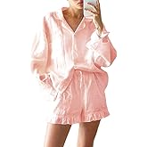Sotimoon Womens Ruffle Pajama Sets 2 Piece Long Sleeve Button Down Shirt and Shorts Set Cozy Cotton Lounge Set