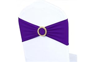 MAGTOWNE Purple Chair Sashes 50 Pack with Gold Buckle Slider, Spandex Chair Bows Bands for Folding Chairs Wedding Party Birthday Décor