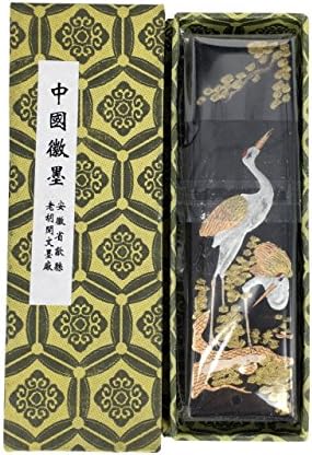 Old Hu Kai Wen Pine and Crane Black Inkstick with a Handmade Xuan Paper Sample (Quan Yan, 60 grams)
