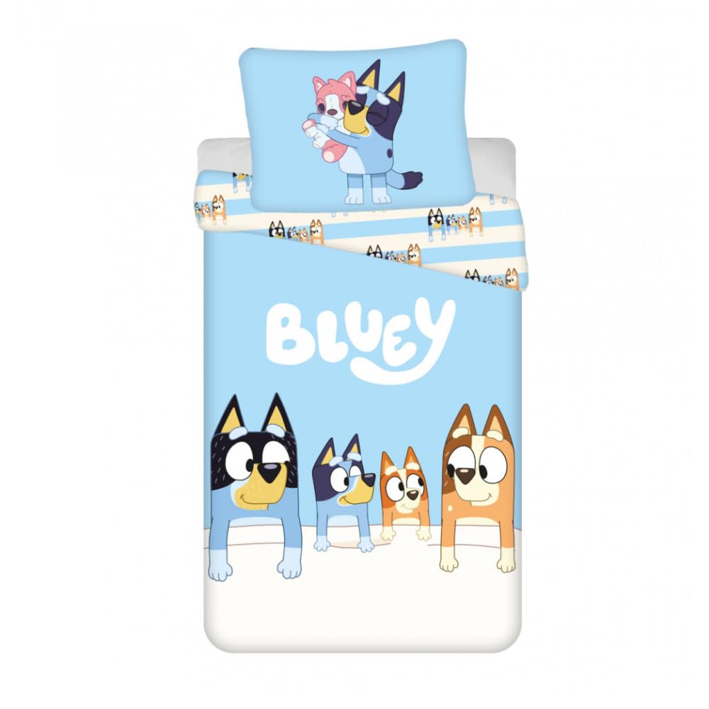 Jerry Fabrics Bluey Family Bed Linen Set – Reversible Duvet Cover 140 x 200 cm and Pillowcase 70 x 90 cm – MultiColoured – 100% Cotton