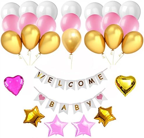 Welcome Baby Banner Decorations Sit-Party Supplies Kit, White Card with Gold Letter Banner, Gold and Pink Star Balloons and Heart Balloons,3 Color Balloons For Baby Shower Birthday Party