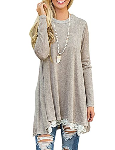 Women's Long Sleeve Lace Tunic Top Blouse Casual Swing Shirt Dress (Khaki, XL)
