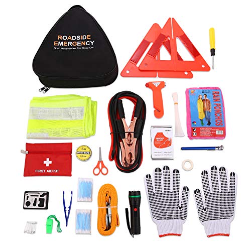 24 in 1 Roadside Assistance Auto Emergency Kit, Multifunctional Breakdown Tool Kits First aid kit (Triangle Bag - Contains Jumper Cables, Tools, Reflective Safety Triangle and Safety Hammer etc)