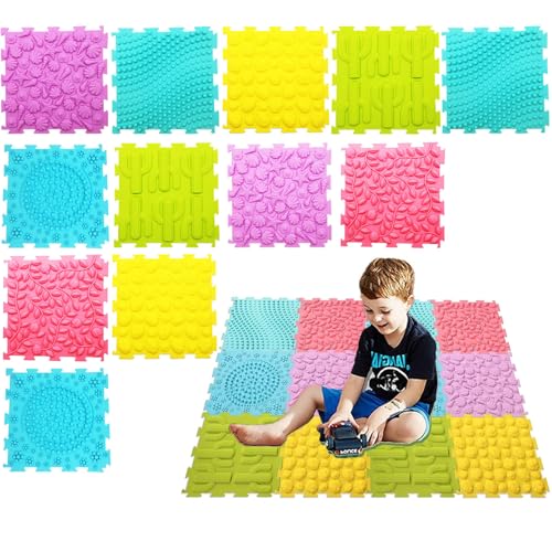 AM ANNA Sensory Mats for Autistic Children 12PCS, Massage Game Mats Puzzle Play Mats Textured Sensory Floor Tiles for Kids Toddlers Sensory Room Must Have, Puzzle Floor Mats Carpet (12 Pcs)