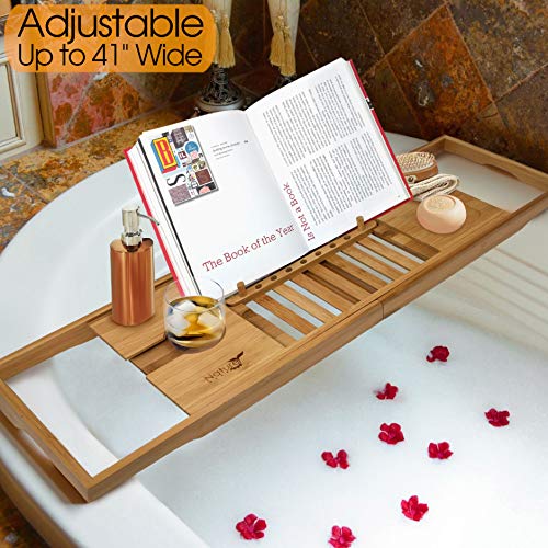 Nature Gear Wood Bamboo Luxury Bath Caddy for Your Book, Tablet or Smartphone - Bathtub Tray with Extending Arms