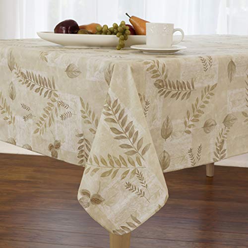 EVERYDAY LUXURIES Boxed Fern Flannel Backed Vinyl Tablecloth Indoor Outdoor, 60-Inch by 84-Inch Oblong (Rectangle), Taupe