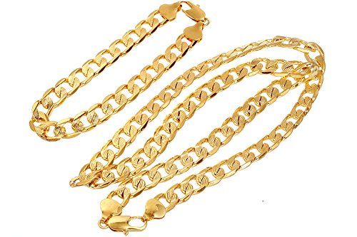 24k Gold Tone Mens Necklace Bracelet Set Cuban Chain Set (24"+9.4")105g