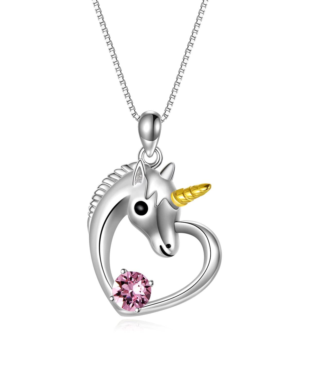 AOBOCO Sterling Silver Unicorn Necklace with Birthstone Crystals Unicorn Jewellery Birthday Gifts for Girls Women Pink