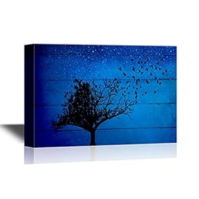 Canvas Wall Art - Birds Flying Away from Tree in The Night on Wood Style Background - Gallery Wrap Modern Home Art | Ready to Hang - 12x18 inches
