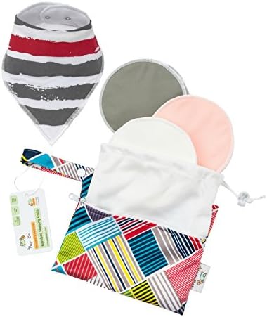 Reusable Bamboo Nursing Pads (12 pk) Leak Proof Washable Breastfeeding Pads + Baby Bandana Bib + Laundry &amp; Travel Bags
