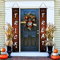 AOSTAR Halloween Decorations Trick or Treat Porch Sign Hanging Banners with Pumpkin, Bat, Tree Design for Outdoor/Indoor Home, Front Door Display, Porch