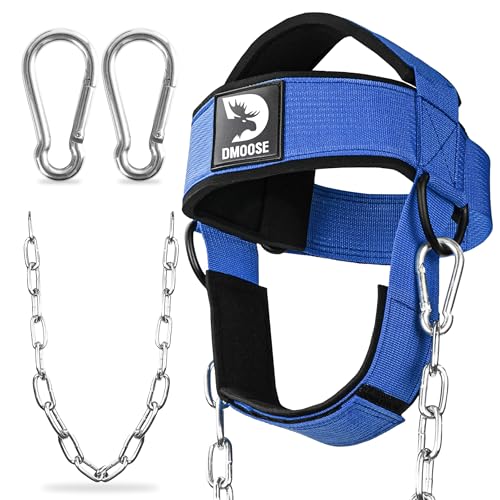DMoose Fitness Neck Harness for Weight Lifting-Adjustable Head & Chin Strap with 30" Heavy Duty Steel Chain - Neck Exerciser, Trainer & Strengthener to Support Injury Recovery & Intense Workouts