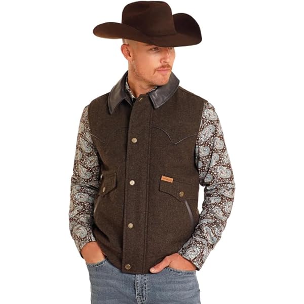 Men's Brown Heathered Wool Holbrook Vest With Distressed Leather