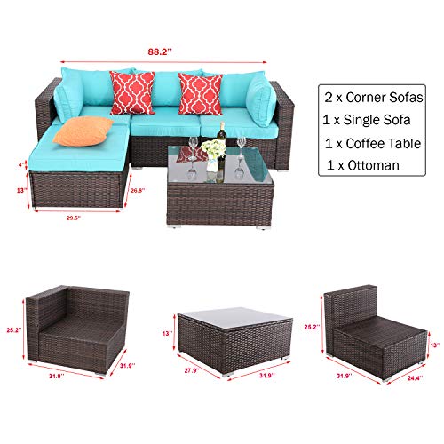 Do4U 5-Piece Patio Furniture Sets All-Weather Outdoor Sectional Sofa with Turquoise Cushion and Glass Table - Thumbnail 3