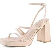 Shoe'N Tale Platform Heels for Women Strappy Block Chunky Heels Square Toe Ankle Buckle Sandals
