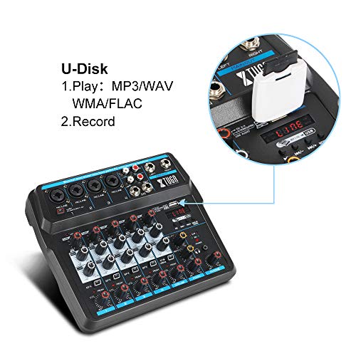 XTUGA AM6 6Channels Audio Mixer Sound Mixing Console with Bluetooth USB Record 48V Phantom Power Monitor Paths Plus Effects Use for home music production, webcast, K song
