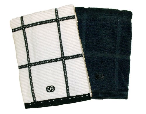 Calphalon Textiles 2-Piece Solid and Check Kitchen Towel Set, Black Licorice