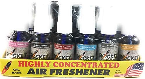 Rocket Scent Air Freshener Oil Base Assorted 24 Pack Baby Powder Black Frost Cherry Almond Fresh Linens New Car and Tropical Mango Use in Vehicles Bathrooms Smoke Odors Trash Bins Home AC Filters