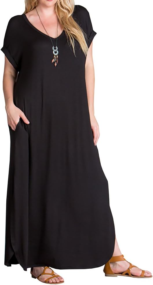 Women's Plus Size Maxi Dresses Short Sleeve Casual Summer Split T Shirt Long Dress with Pockets
