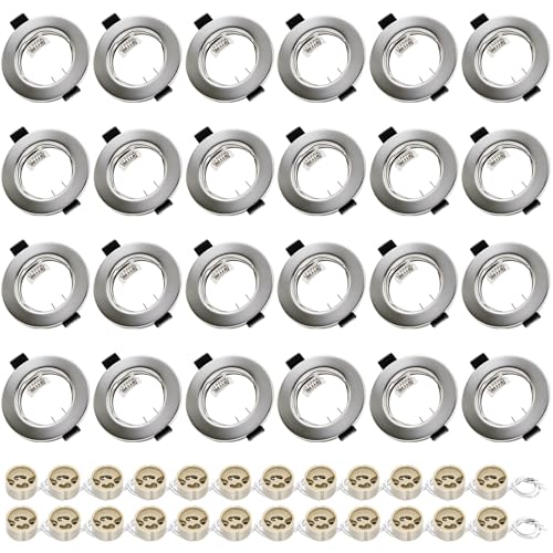 Recessed Frame for Spotlights – Brushed Metal Round, Incl. Socket for GU10 | Fit for 55-70 mm Holes | For 50 mm Lamp | Porthole Frame – Ideal for Bathroom, Living Room, Kitchen | 24 Pack