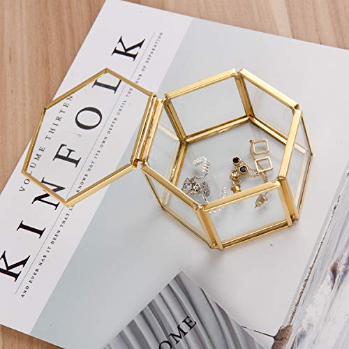Feyarl Jewelry Trinket Glass Box Ornate Ring Earring Box Preserved Flower Glass Box Organizer Decorative Box Storage (Gold) - Thumbnail 2