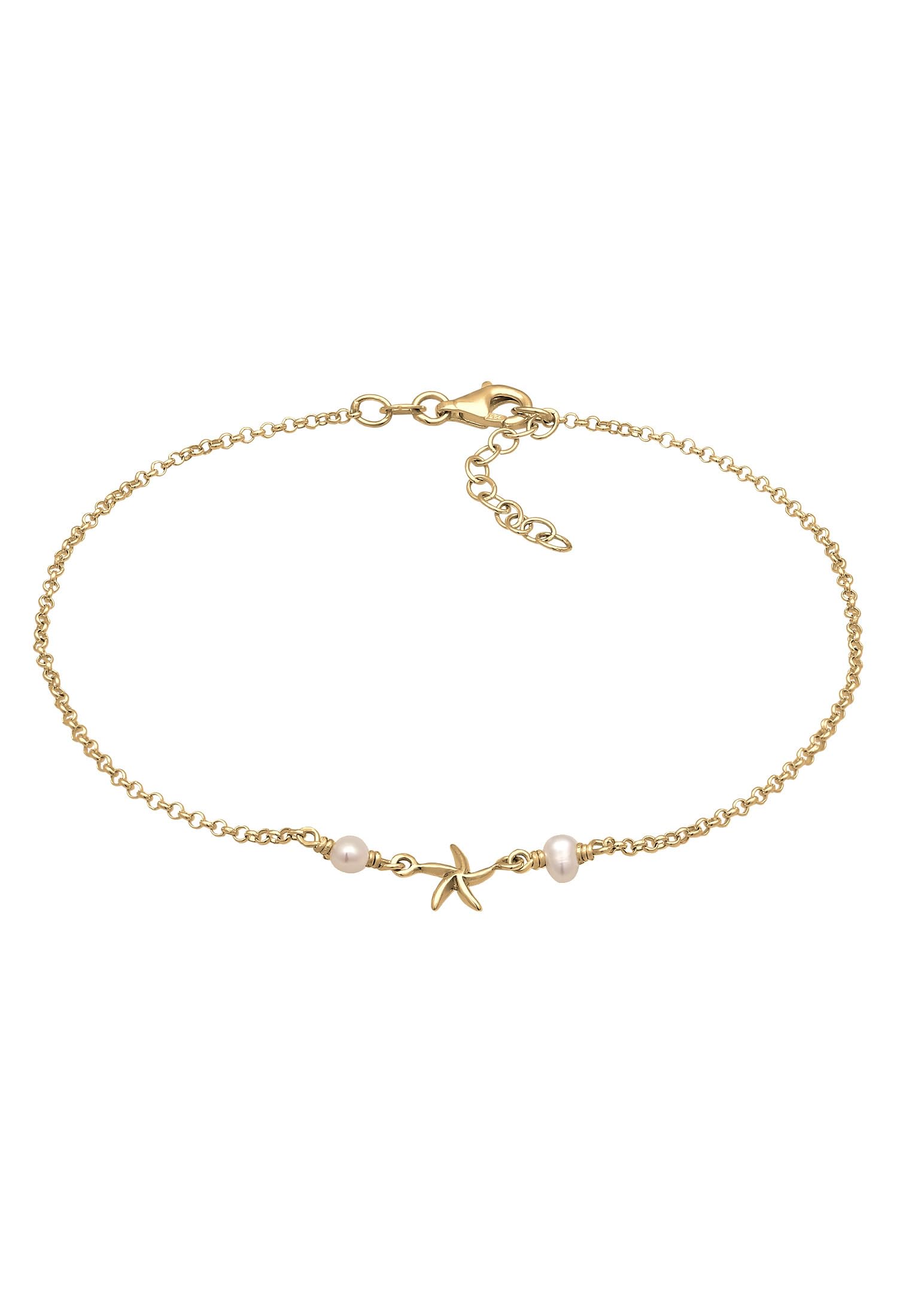 Elli Women's 925 Sterling Silver Gold Plated Starfish Beach Beads Pearl Anklet - 22cm length