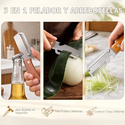 Pelador Multifuncional de Verduras 2026 Upgrade con Mango de Madera, Cuchillo Pelador de Acero Inoxidable 3 en 1, Rallador de Cebolla y Abridor de Botellas, para Cocina, Camping y BBQ (2pcs)