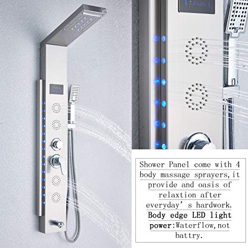 Rozin LED Light Deco 5-Function Shower Panel Waterfall Rain Shower Head + Body Massage Jets + Hand Spray + Tub Tap Brushed Nickel - Thumbnail 5