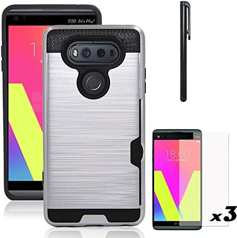 LG V20 Case, Telegaming Brushed Metal Texture Hybrid Dual Layer Shockproof Hard Bumper Case Protective Cover With Card Holder Pocket + Screen Protector + Stylus Pen For LG V20 Silver