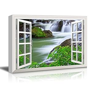Creative Window View Canvas Prints Wall Art - Waterfall in National Park of Thailand - 24" x 36"