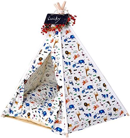 Pet Tent Wood Canvas Dog Cat House With Soft Washable Mattress Kennel Kitten For Small Medium Pet 2 Size 8 Color , blue animal , l