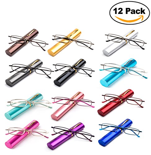 Newbee Fashion - Ultra Slim Compact Unisex Light Weight Spring Temple Reading Glasses w/ Portable Pocket Clip Aluminum Case 12 Pack All Colors!