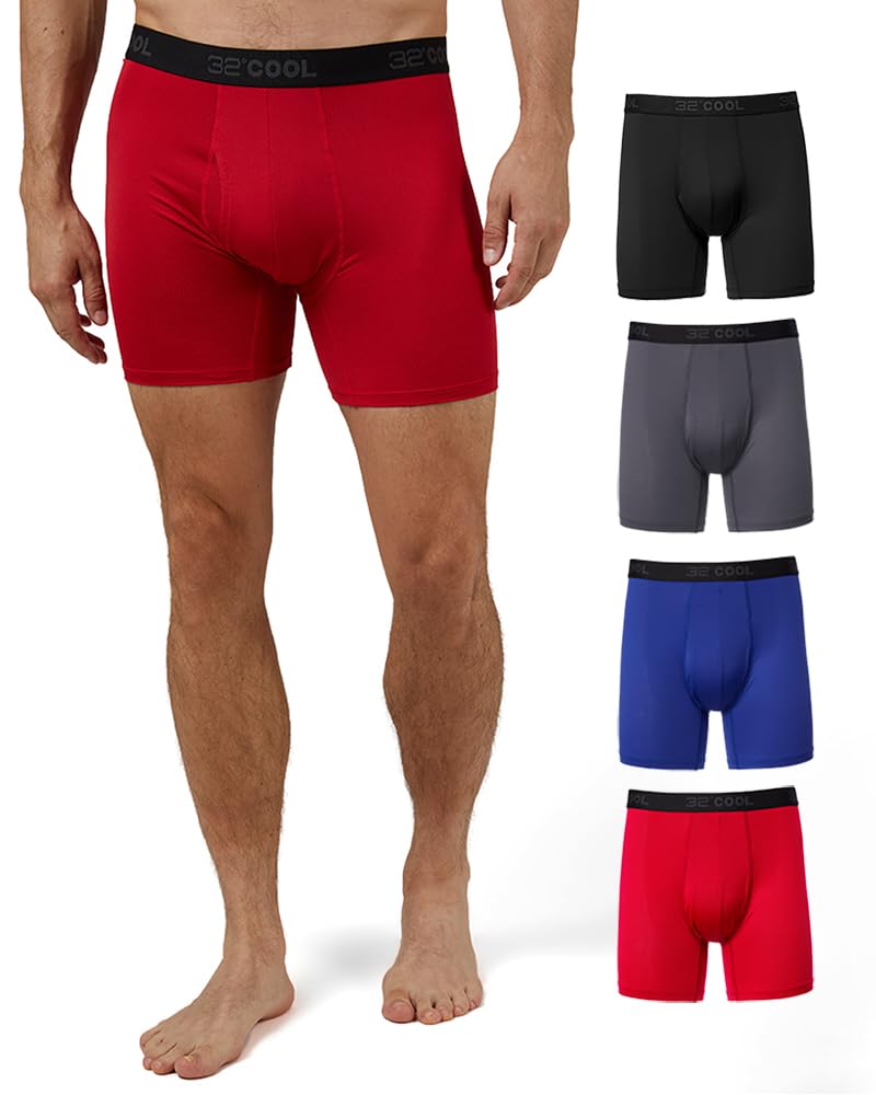 Photo 1 of 32 Degrees COOL Mens 4-PACK Active Mesh Quick Dry Performance Boxer Brief, Black/Char/Blue/Fire, Large