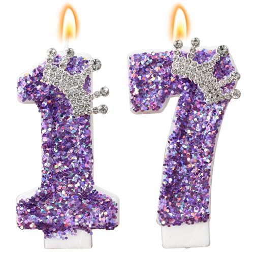 Birthday Number Candles,Purple Crown Birthday Candles for Cake,Glitter Number 17 Candle Cake Topper with Sequins for Anniversary Celebrations Supplies (Number 17)