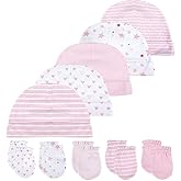 Chamie Newborn Cotton Hats Mittens Set Beanie Cap Non Scratch Gloves for Baby Boys Girls