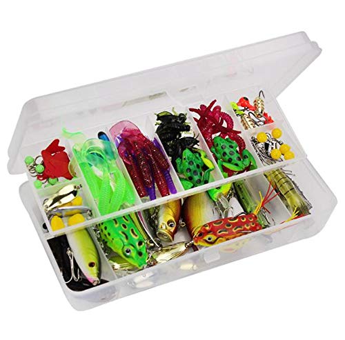 VOANZO 141pcs Fishing Tackle SetIncluded Soft Frogs Lures Pencil Metal Spoons, Portable Fun Fishing Baits Kit Lots, for Kinds of the Fishes in the Rivers, Pool，Pond Lakes，and the Sea
