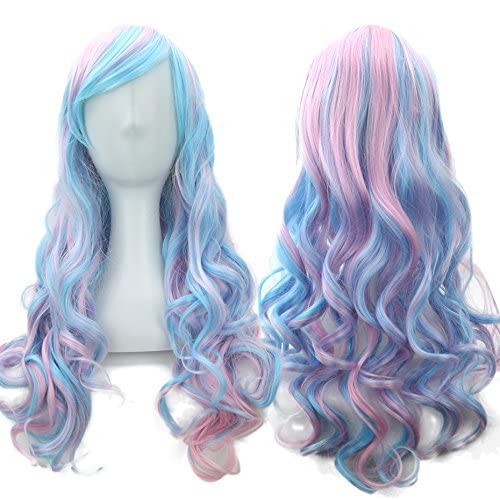 IMISSU 26'' Long Natural Hair Wigs Cosplay Wig with Bangs Colorful Halloween Costume Party Wigs for Women (Pink Blue)