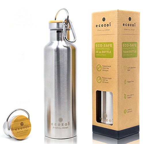 Ecozoi Vacuum Insulated Stainless Steel BPA Free Thermos Flask Water Bottle (25 OZ). Double Walled, Leak Proof, & Wide Mouth - Easy to Add Ice, Fruit, Coffee, or Tea - Keeps Drinks Cold or Hot