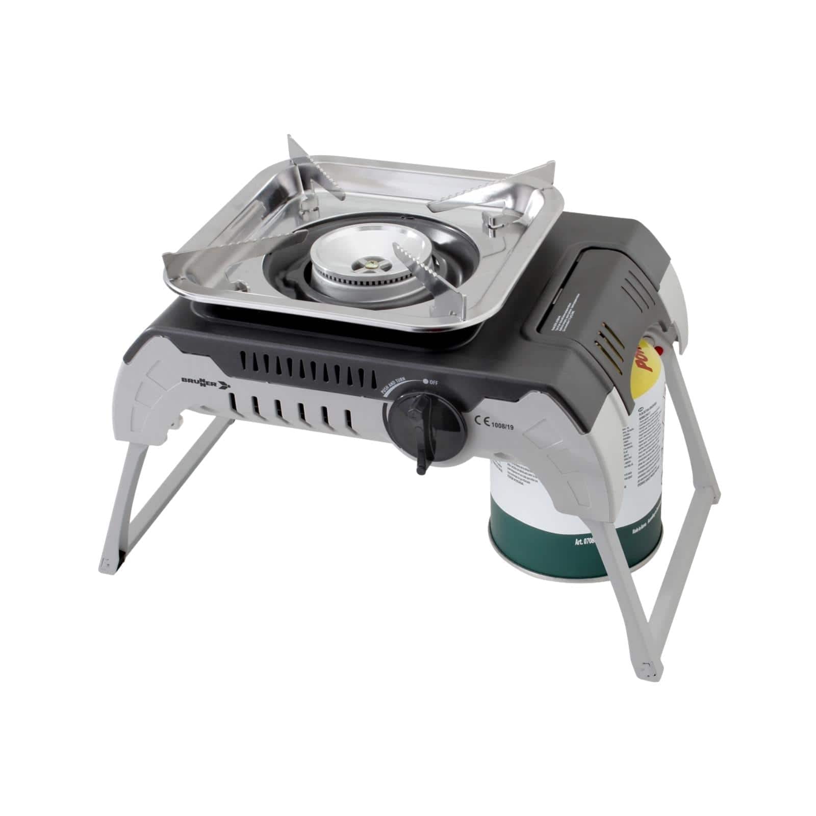 Brunner 0708014N Devil 450 Tragbarer Camping-Gaskocher, faltbar, Verwendung mit Kartuschen mit Gewinde von 450 g, Leistung 2,4 kW, mit Transportkoffer, Grau