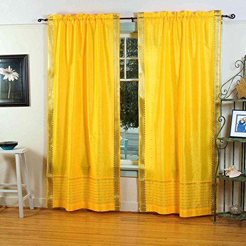 Indian Selections Lined-Yellow Rod Pocket Sheer Sari Cafe Curtain/Drape - 43W x 24L - Piece