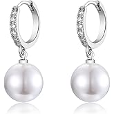 EPIRORA Sterling Silver Simulated Shell Pearl Hoop Earrings Cubic Zirconia Dangle Drop Earrings Jewelry for Women 10mm, Silver/Gold