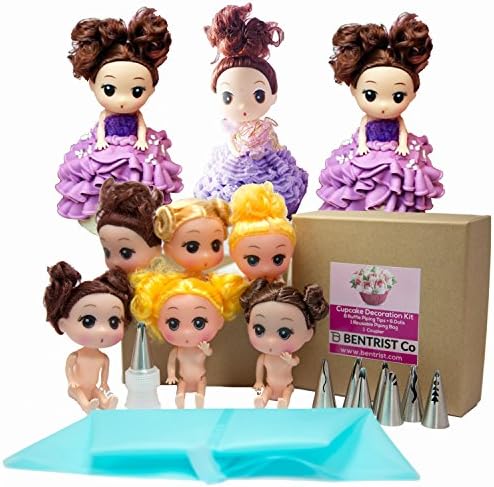 BENTRIST 16 pc Russian Ruffle Piping Tips & Korean Bobbi Cupcake Dolls Set - 8 Nozzle Tips - 6 Dolls - 1 Silicone Piping Bag - 1 Coupler - Perfect for decorating Korean Bobbi Doll Cupcakes or Cakes.