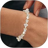 Crysdue Cubic Zirconia Simulated Pearl Bridal Wedding Leaf Filigree Tennis Bracelet for Brides Bridesmaid Birthday Mothers Christmas Valentines Day Jewelry Gifts for Women