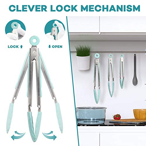 Novosun Kitchen Tongs,Set of 3-7,9,12 inches,Non-Stick,Stainless Steel,Heat Resistant Locking Cooking Tongs with Silicone Tips,Can Also Be Used as Ice Tongs and Sugar Tongs (Teal)
